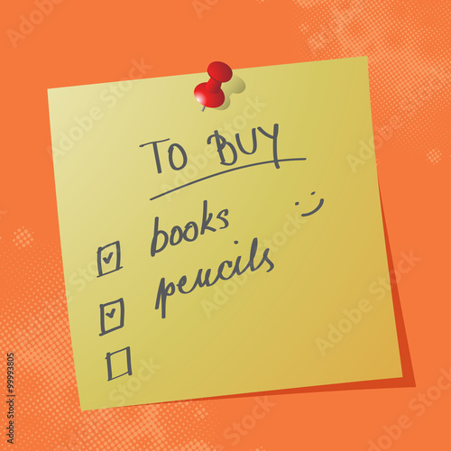 to buy list handwritten message on a note paper, vector illustration