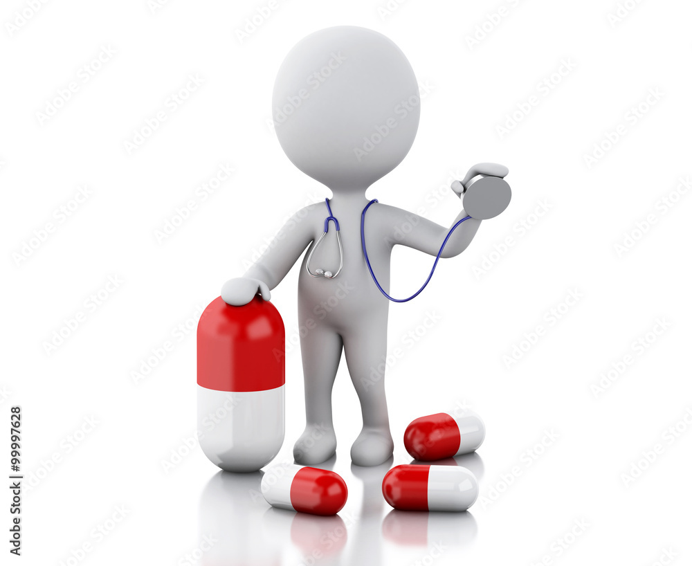 3d people doctor with a stethoscope and pills 3d people doctor with a stethoscope and pills