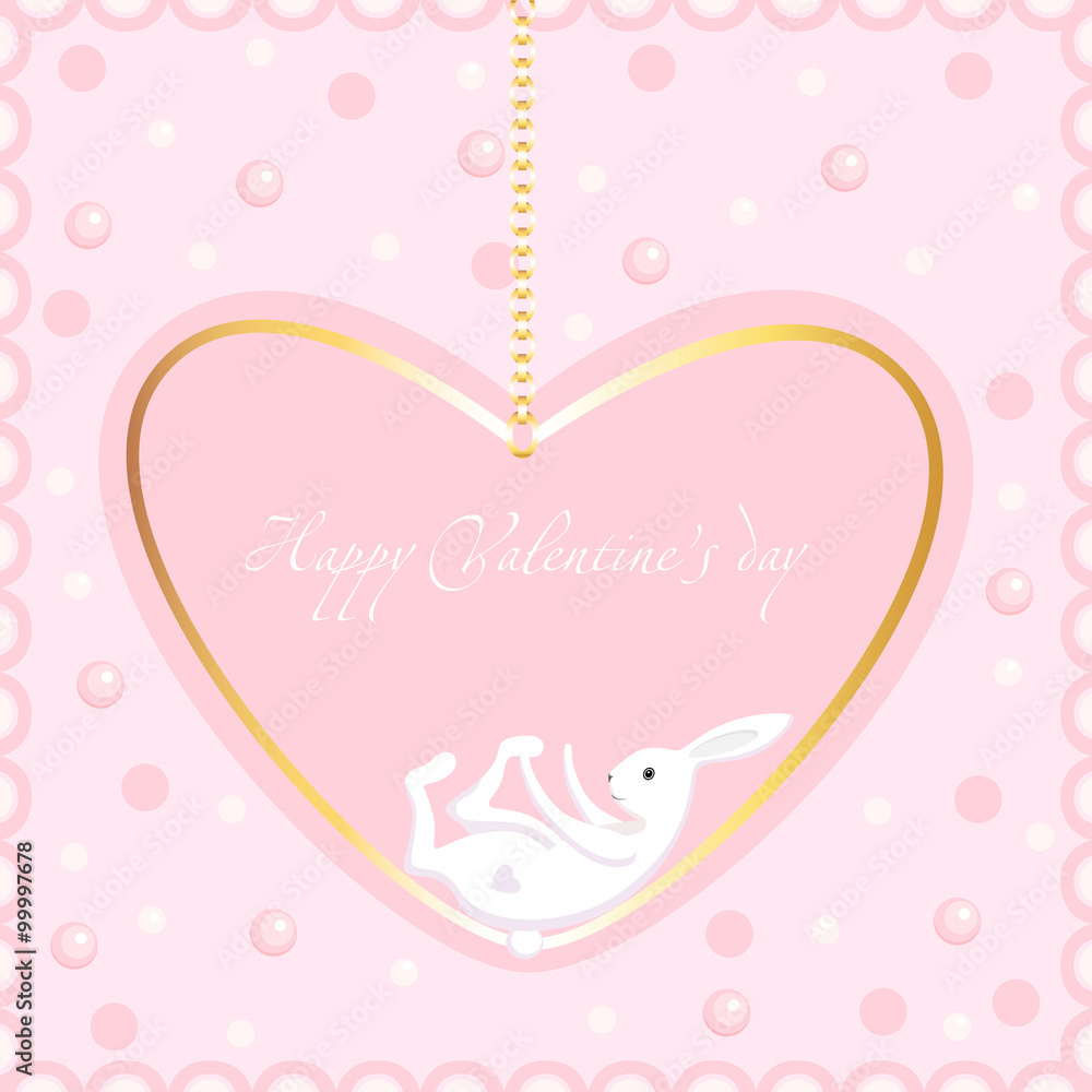 Поздравительная открытка с Днем Святого Валентина с изображением кролика и сердцем. Векторная иллюстрация.