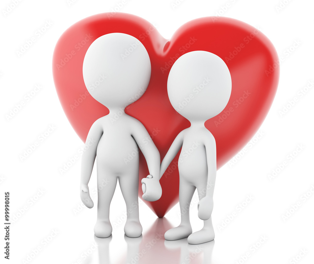 3d White people and red heart. Couple in love. 3d White people and red heart. Couple in love.