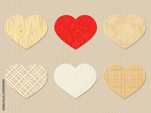 Textured Valentine wooden, rag and paper hearts. Vector eps-10.