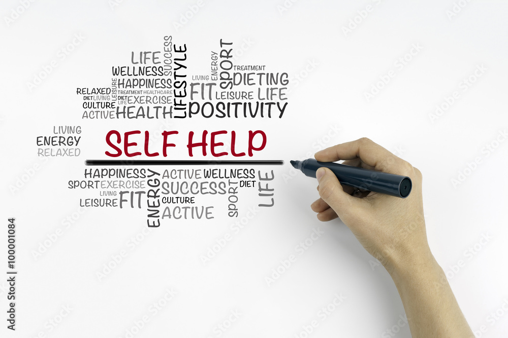 Hand with marker writing Self Help word cloud, fitness, sport, h Hand with marker writing Self Help word cloud, fitness, sport, h