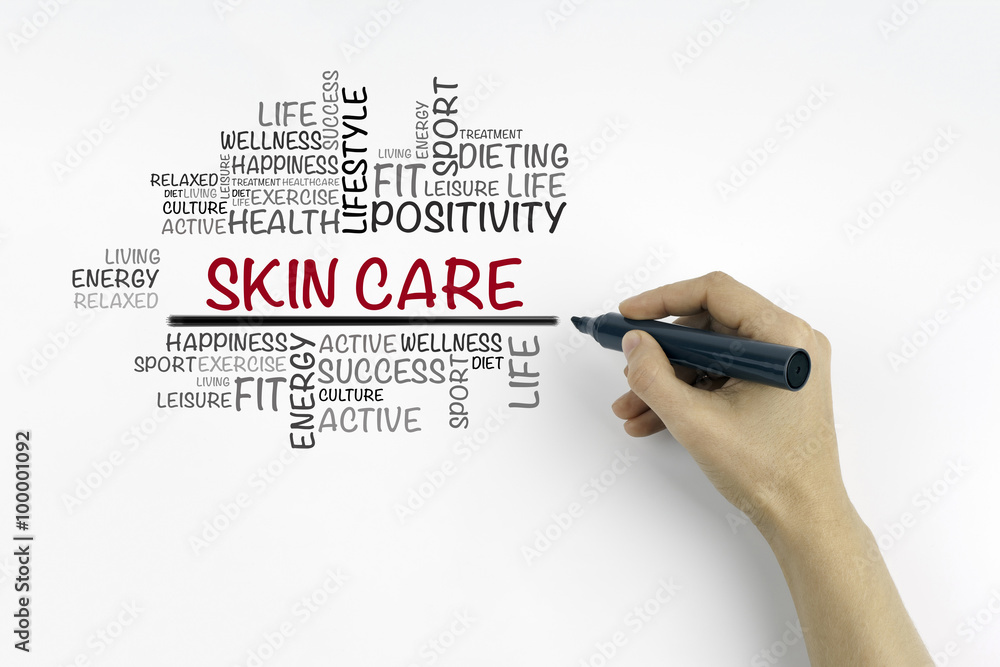 Hand with marker writing Skin care word cloud, fitness, sport, h Hand with marker writing Skin care word cloud, fitness, sport, h
