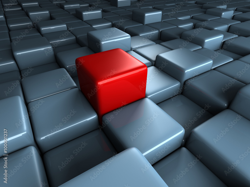 Different red cube outstanding on blue blocks background Different red cube outstanding on blue blocks background
