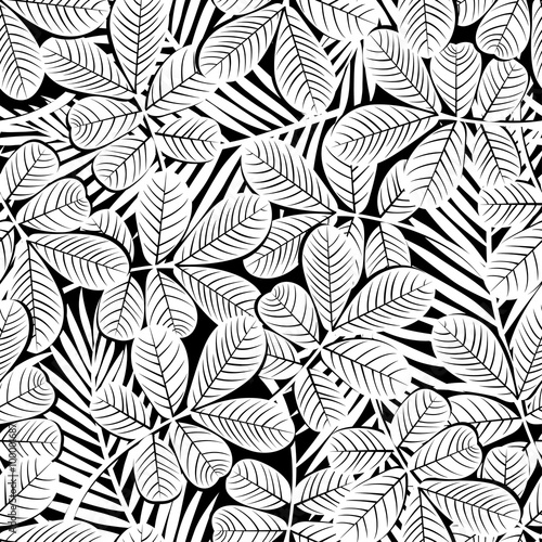 Black and white tropical hibiscus flowers and plants seamless pa