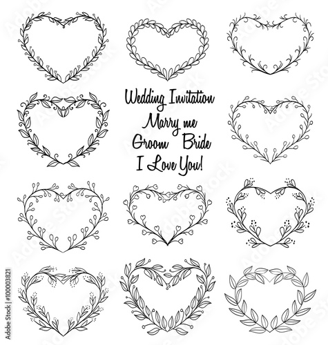 hand drawn wreaths in heart shape frame. doodle vector illustrat