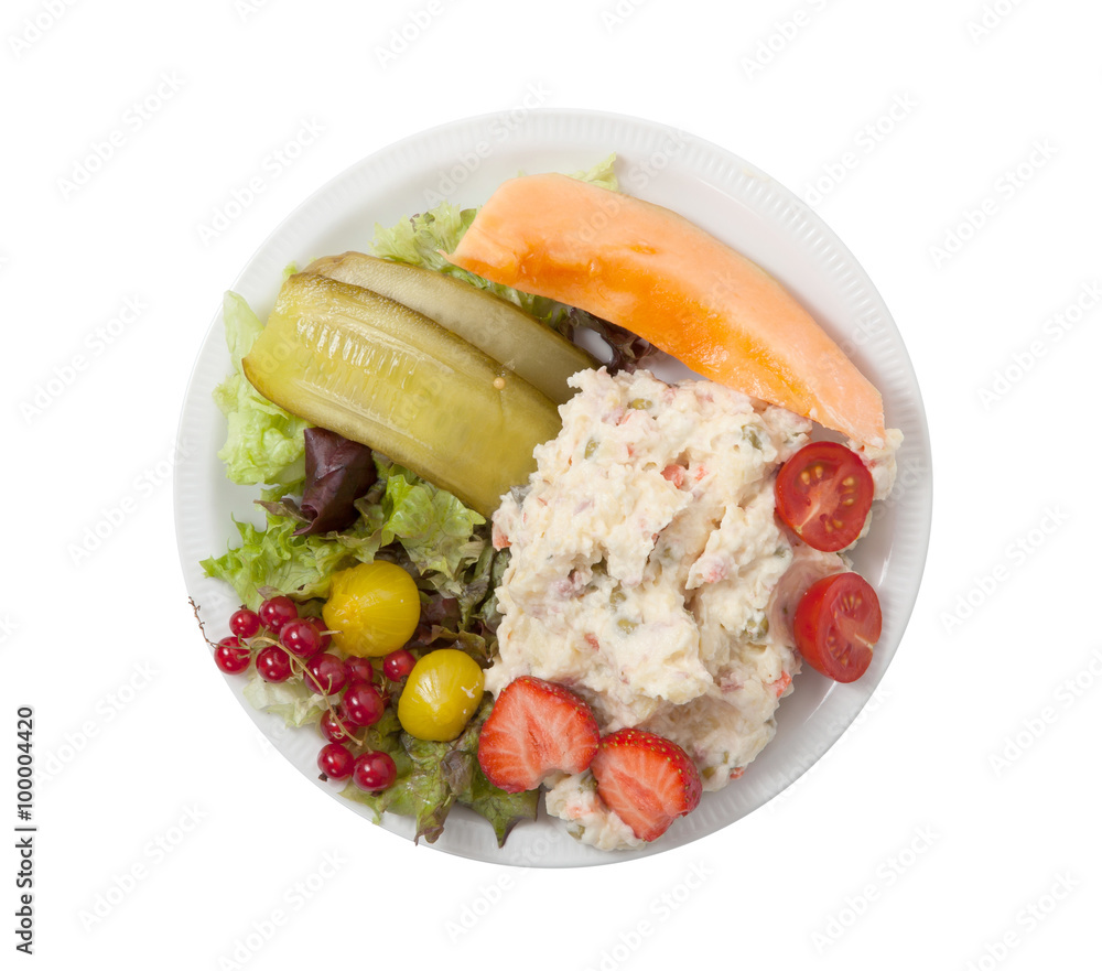 Snack time - View of Russian salad on a white plate Snack time - View of Russian salad on a white plate