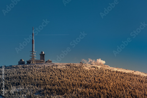 Blick zum Brocken Gipfel mit Brockenbahn photo