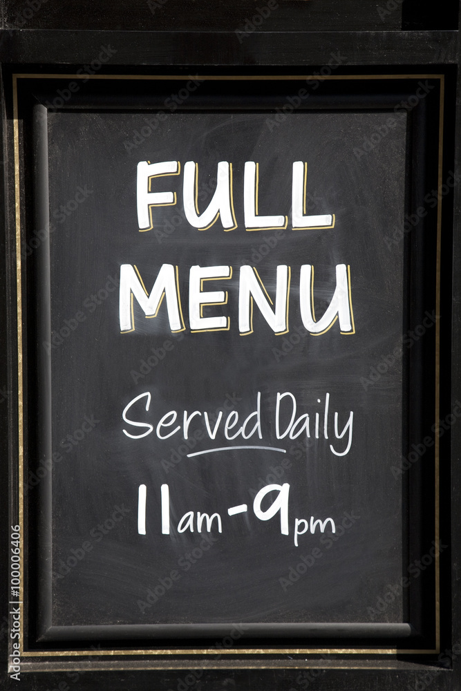 Fototapeta premium Menu sign serving food between 11am to 9pm