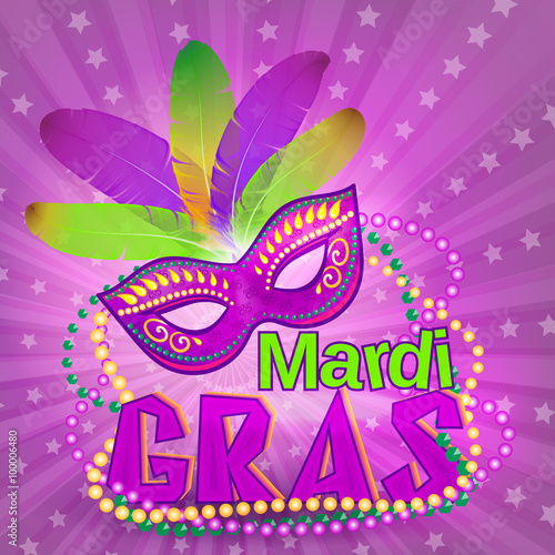 Venetian carnival mardi gras colorful party mask on purple background vector illustration. Fat tuesday holyday background