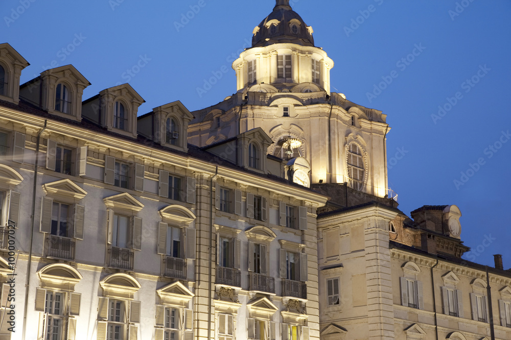 St Lorenzo Church and facades on the Castello Square in Turin, Italy