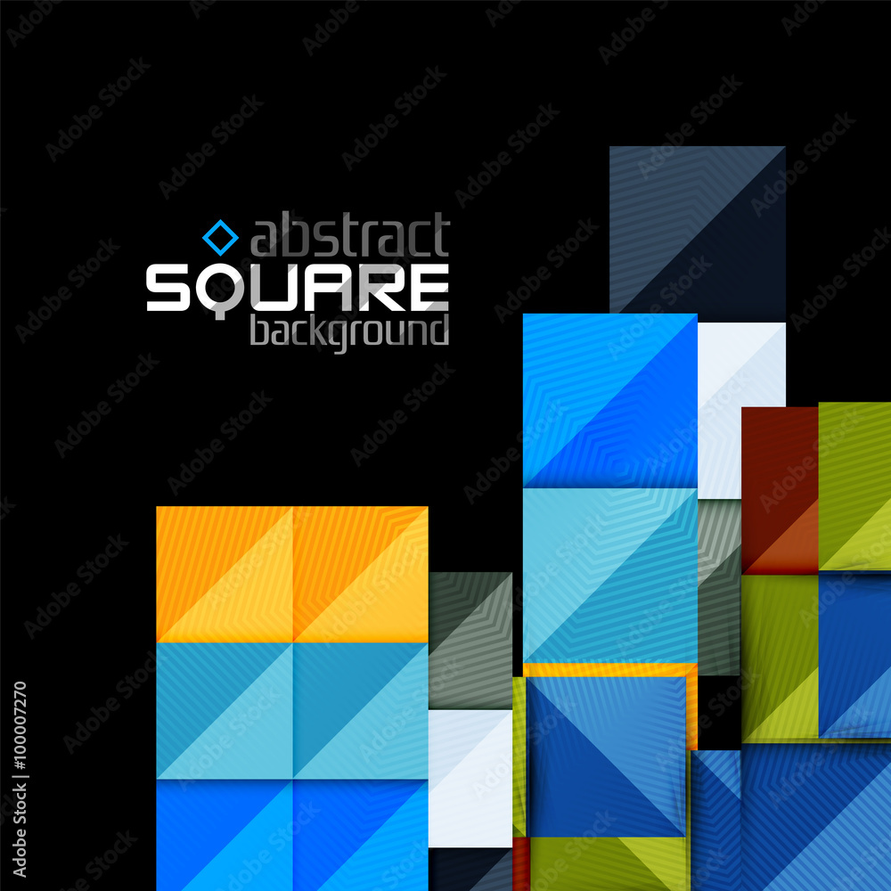 Glossy color squares on black. Geometric abstract background
