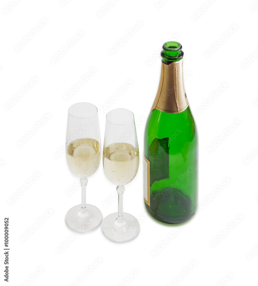 Two wine glasses and bottle with sparkling wine Two wine glasses and bottle with sparkling wine