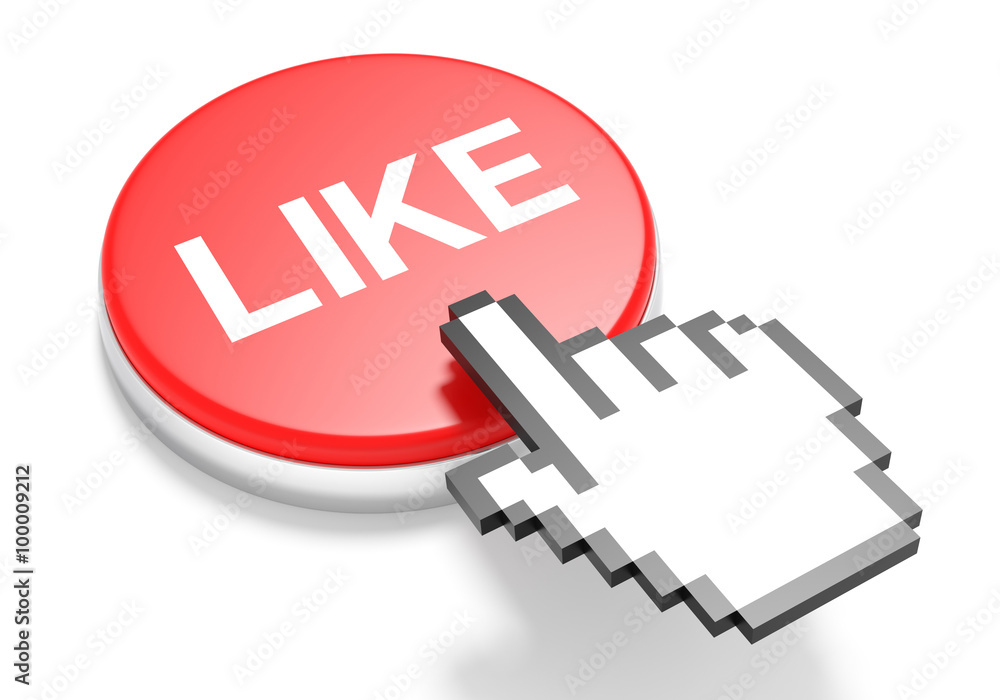 Mouse Hand Cursor on Red Like Button. 3D Illustration. Mouse Hand Cursor on Red Like Button. 3D Illustration.