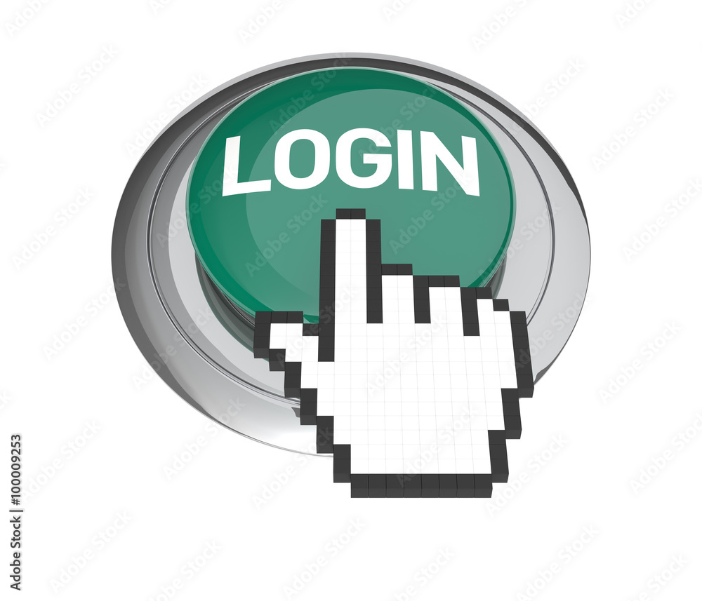 Mouse Hand Cursor on Green Login Button. 3D Illustration. Mouse Hand Cursor on Green Login Button. 3D Illustration.
