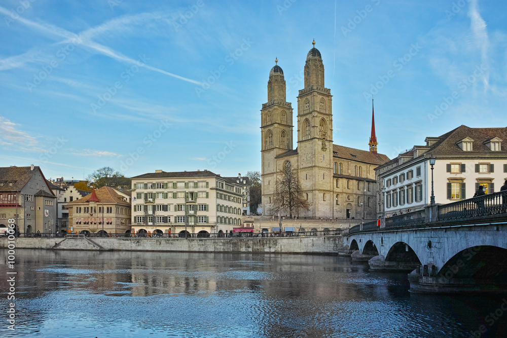 Amazing view of Grossmunster church, City of Zurich, Switzerland