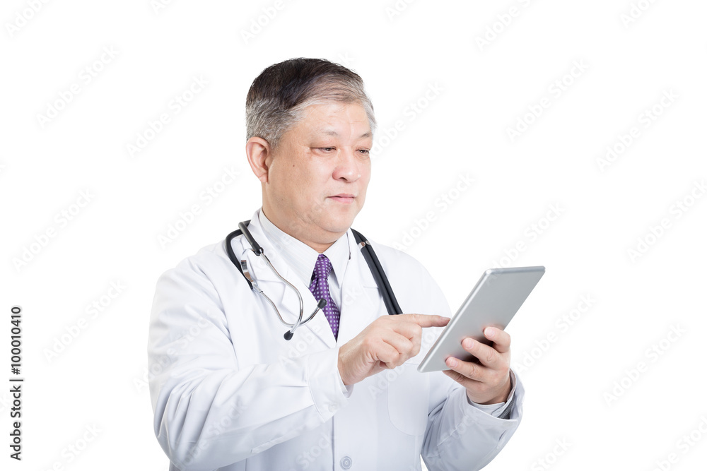 gesture of old man doctor in white with a tablet gesture of old man doctor in white with a tablet