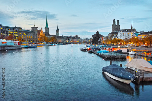 Amazing panorama of city of Zurich and reflection in Limmat River, Switzerland