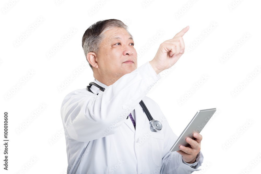 gesture of old man doctor in white with a tablet gesture of old man doctor in white with a tablet