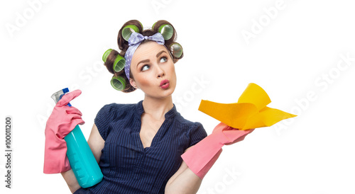 Woman with rag or wipe and cleaning spray for window. Close up of a housewife, isolated on white