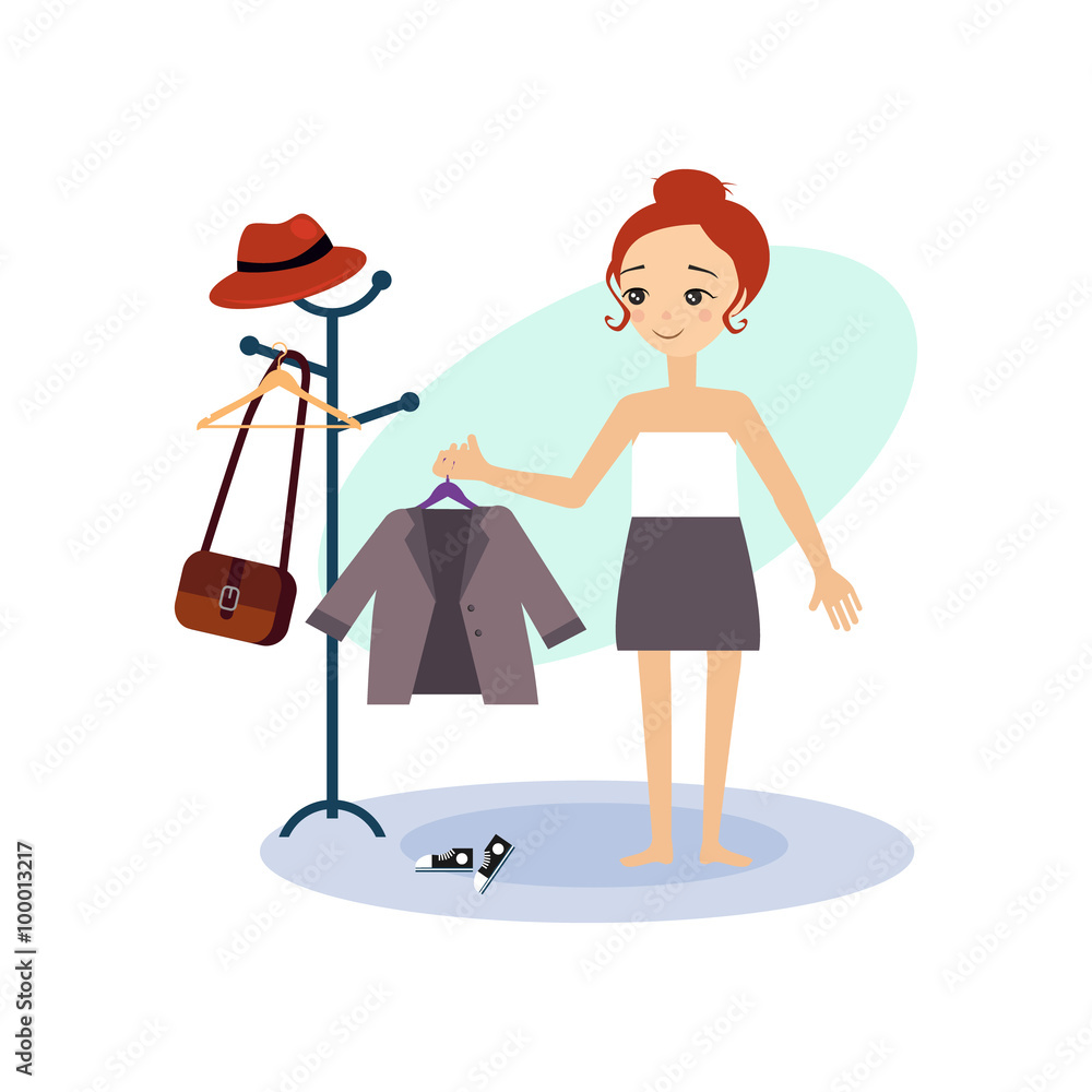 Dressing Down. Daily Routine Activities of Women. Vector Illustration