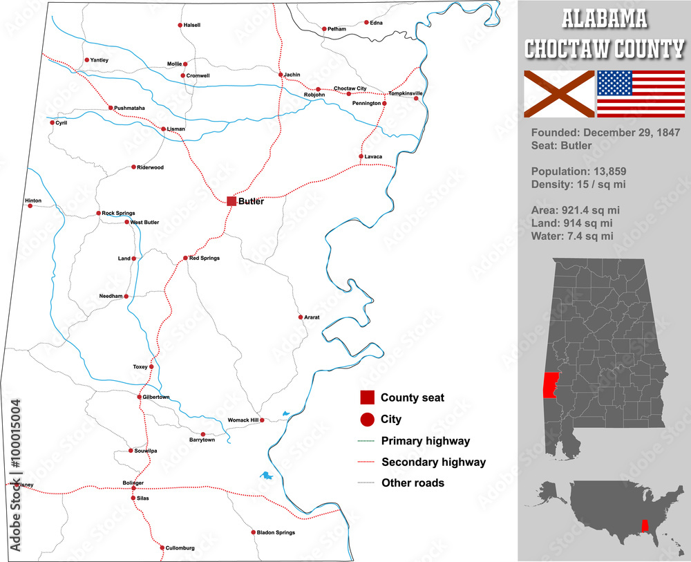 Large and detailed map and infos about Choctaw County in Alabama.