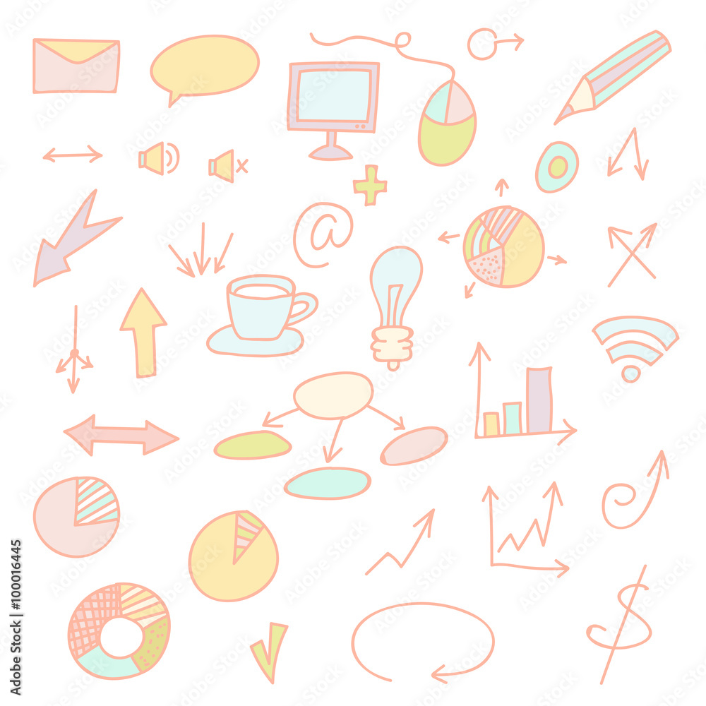 Social icons and business icons hand drawn icon set. Doodle collection of objects.