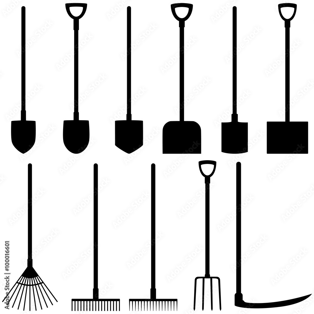 Set of icons of shovels, rakes, fork, scythe, vector illustratio Set of icons of shovels, rakes, fork, scythe, vector illustratio