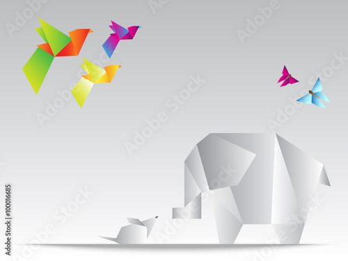 Beautiful geometric triangles elephant with mouse, butterfly and colorful birds