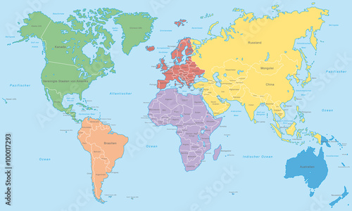 Weltkarte - Kontinente in Farbe  hoher Detailgrad 