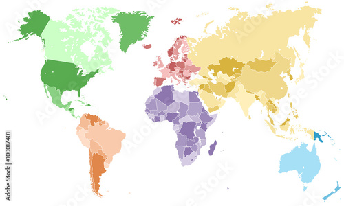 Weltkarte - einzelne Kontinente in Farbe (hell)