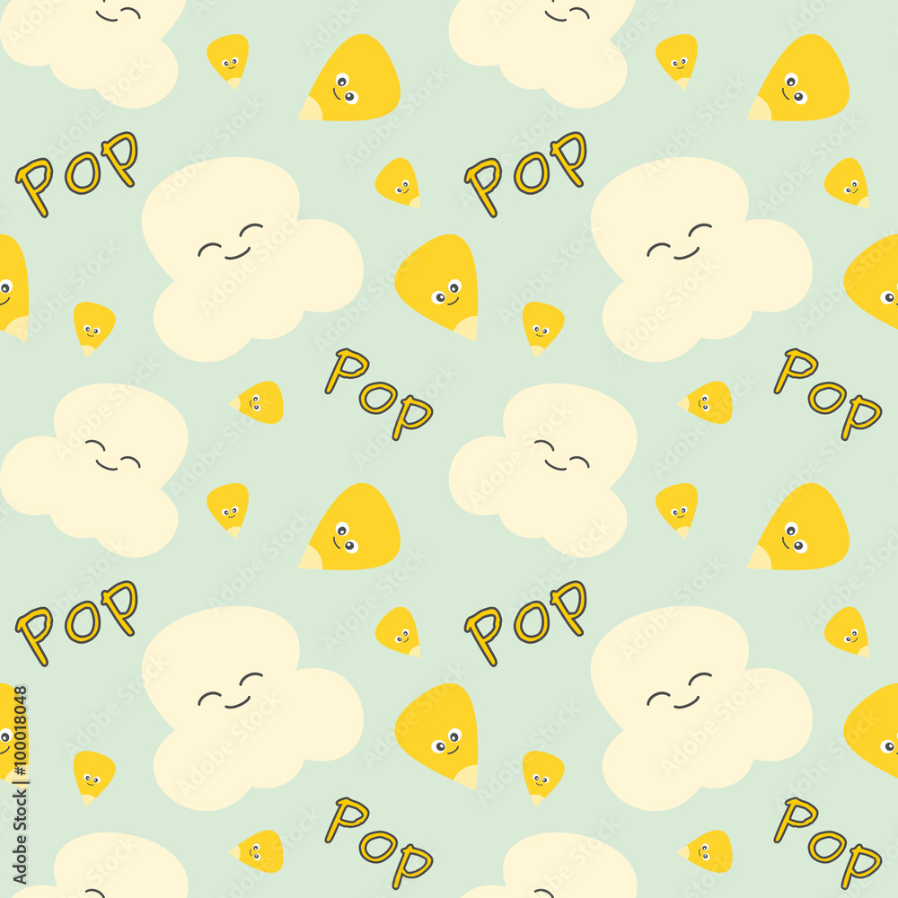 corn grain and popcorn cute cartoon seamless vector pattern background