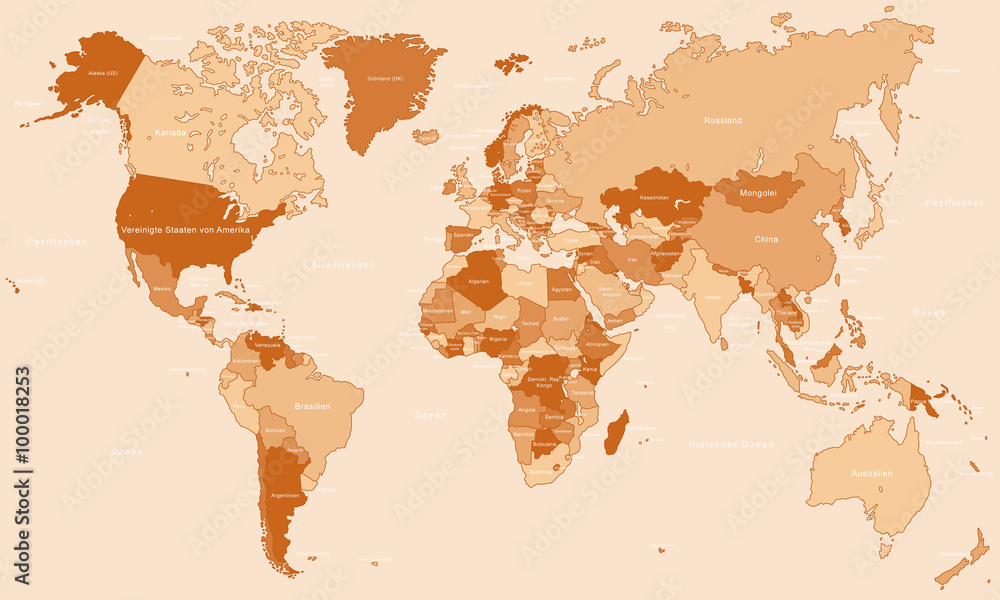 Weltkarte - einzelne Länder in Orange (hoher Detailgrad)