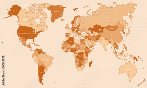 Fototapeta Naklejka Na Ścianę i Meble -  Weltkarte - einzelne Länder in Orange (hoher Detailgrad)