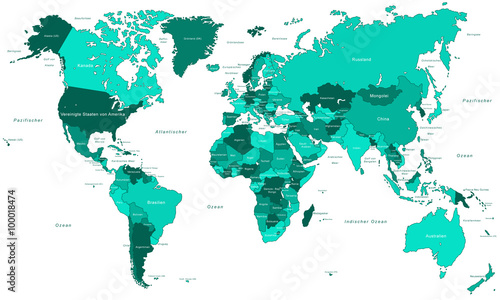 Weltkarte - einzelne Länder in Türkis (hoher Detailgrad)