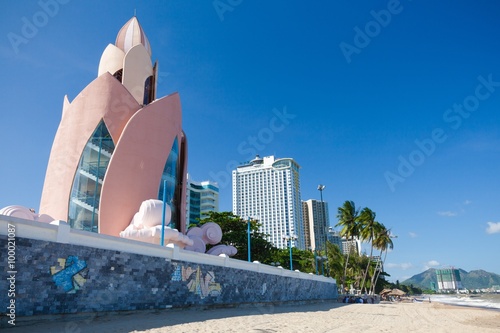 Schilderij op canvas Nha Trang, Vietnam - December 09, 2015: Daytime view of Tram Huong (Lotus Flower) Tower and Nha Trang skyline in a sunny day on December 9, 2015, Nha Trang, Vietnam