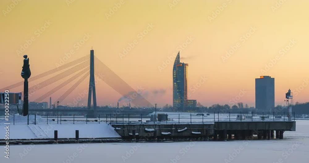 Winter golden hour over the Port of Riga, time lapse Winter golden hour over the Port of Riga, time lapse