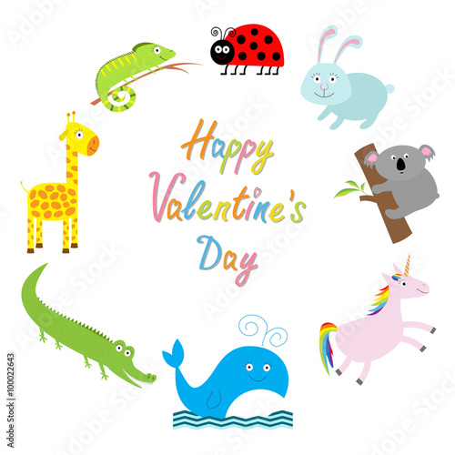 Happy Valentines Day. Love card. Cute animal frame. Baby background. Ladybug  koala  whale  rabbit  unicorn  alligator  giraffe and iguana. Flat design