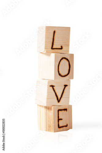 Romantic inscription of letters on light wooden cubes isolated o