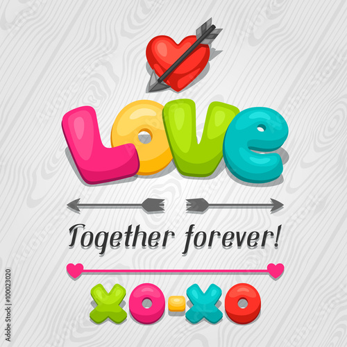 Greeting card with hearts, objects, decorations. Concept can be used for Valentines Day, wedding or love confession message