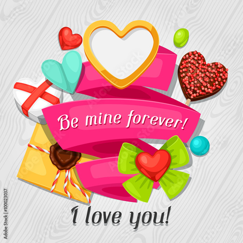 Greeting card with hearts, objects, decorations. Concept can be used for Valentines Day, wedding or love confession message