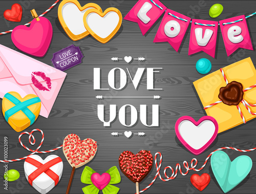 Greeting card with hearts, objects, decorations. Concept can be used for Valentines Day, wedding or love confession message
