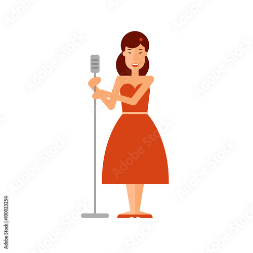 Jazz soloist woman holding a microphone on the isolated background. Flat design vector illustration.