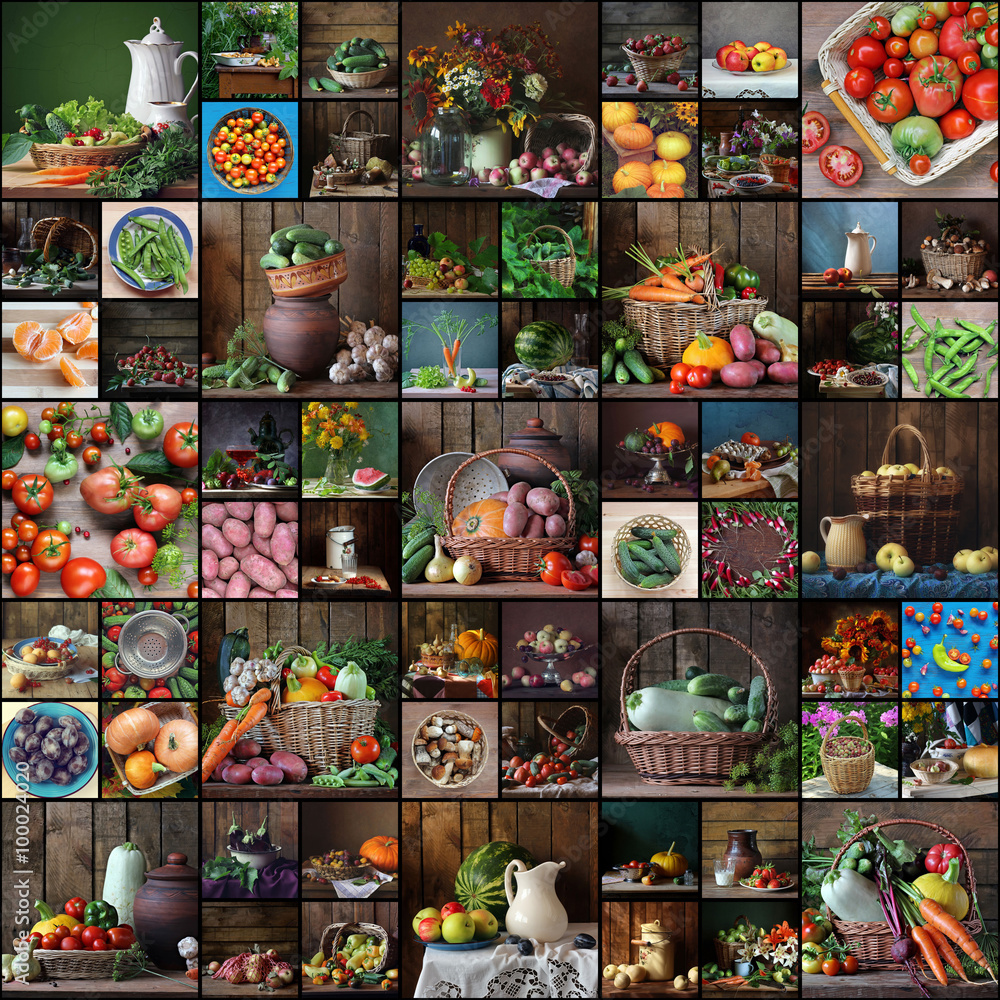 Collage from still lifes with fruit and vegetables. Collage from still lifes with fruit and vegetables.