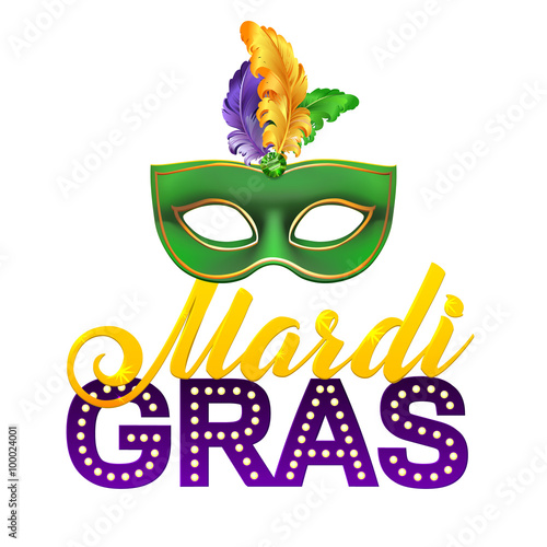 Mardi Gras Party Mask Poster.Calligraphy and Typography Card. Lights, Feathers. Holiday  or placard template
