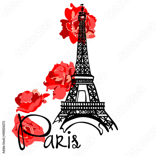 Symbol of France, symbol of Paris - Eiffel Tower. Inscription Paris. Delicate rose. Travel collection.