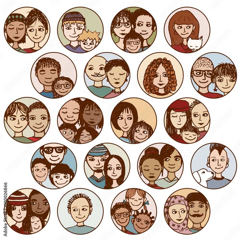 Hand drawn images of families, couples, friends, siblings, singles... multicultural, multiethnic, mixed & patchwork - #2 Hand drawn images of families, couples, friends, siblings, singles... multicultural, multiethnic, mixed & patchwork - #2