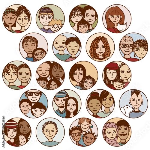 Hand drawn images of families, couples, friends, siblings, singles... multicultural, multiethnic, mixed & patchwork - #2