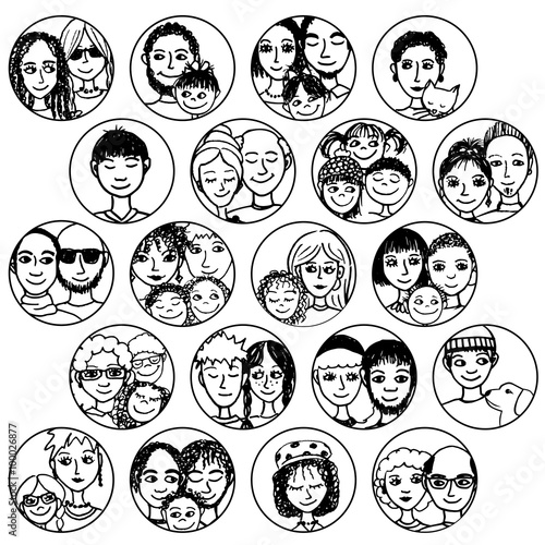 Hand drawn images of families, couples, friends, siblings, singles... multicultural, multiethnic, mixed & patchwork - #1 in black and white