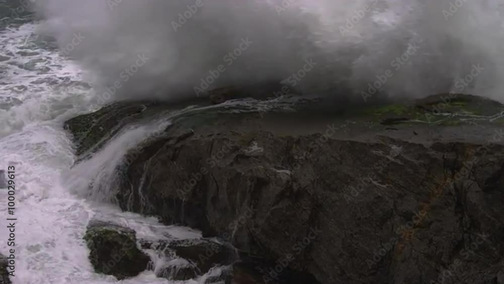 Slow pan of waves breaking over rocks at the beach in Rio de Janeiro, Brazil Slow pan of waves breaking over rocks at the beach in Rio de Janeiro, Brazil